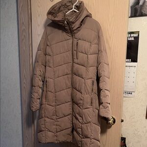 Calvin Klein Long Hooded Puffer Coat in Taupe